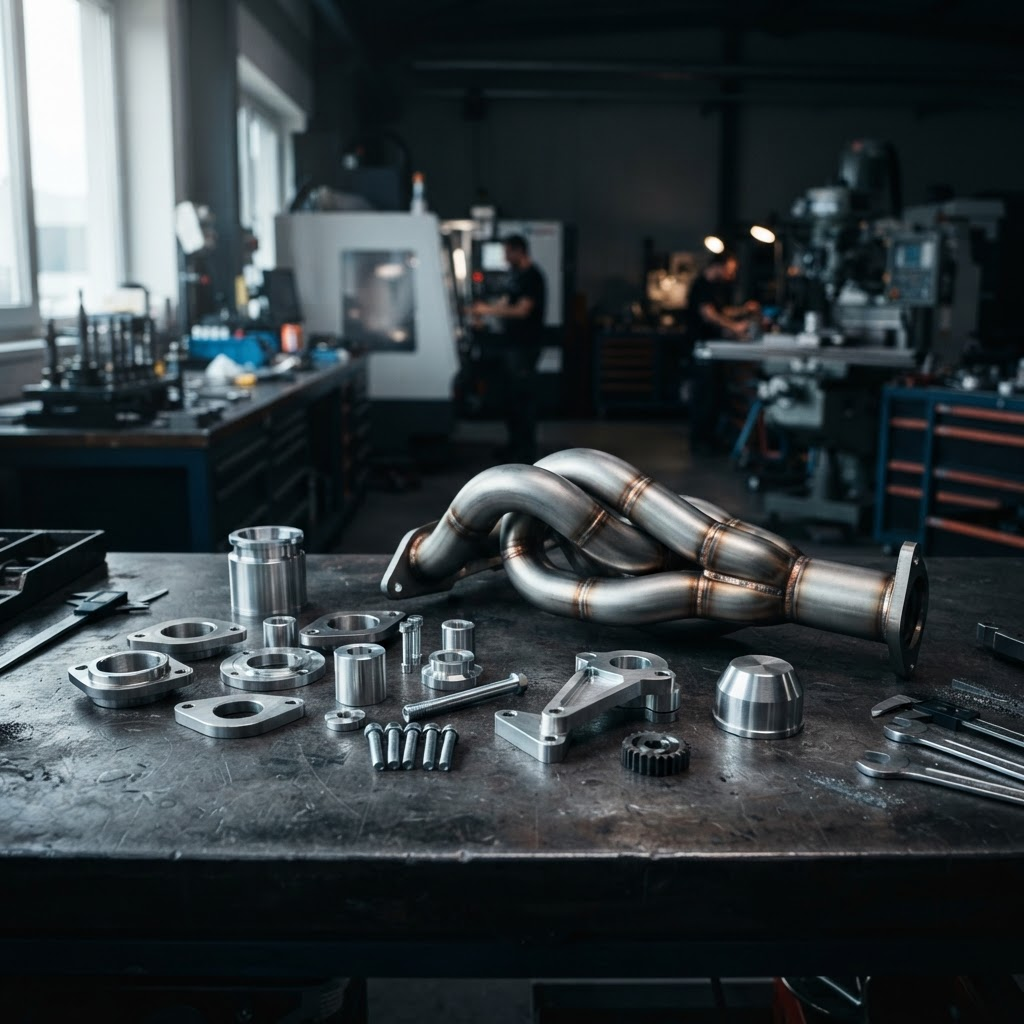 Precision metal components on a manufacturing workbench